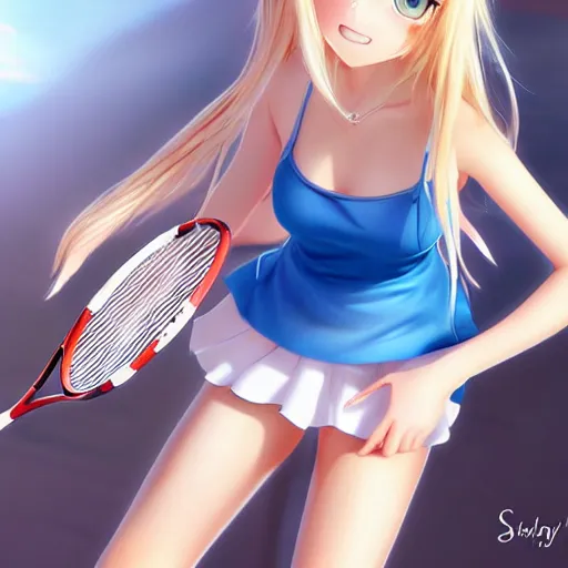 Image similar to a very beautiful young anime tennis girl, long blond hair, full body, sky blue eyes, ( full round face ), short smile, bikini, miniskirt, highly detailed, cinematic wallpaper by stanley artgerm lau