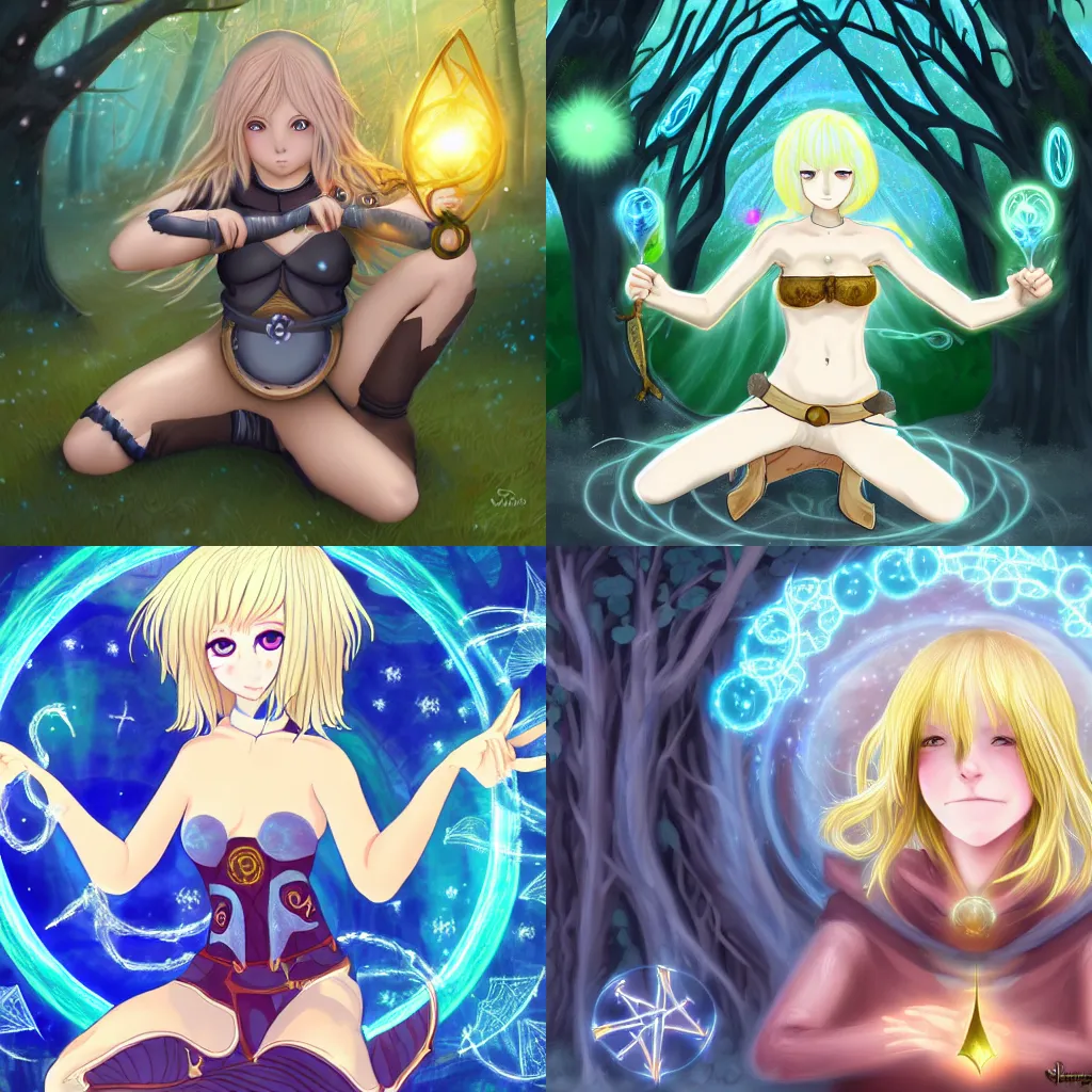 Prompt: a cute sorceress with short blonde hair, with many detailed sigils made of magical energy orbiting in circles around her body, protecting her as she crouches warily on a forest path, fantasy anime, digital painting