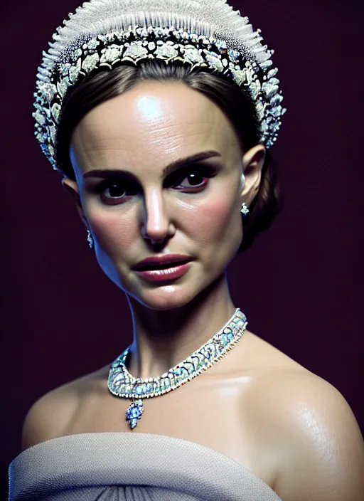 Prompt: 5 0 mm portrait of an absurdly beautiful, graceful, sophisticated, fashionable woman, natalie portman, popovy sisters, intricate jewellery, white porcelain skin, faberge, intricate chrome headdress, dark brooding atmosphere, unreal engine 5 highly rendered, global illumination, radiant light, detailed and intricate environment