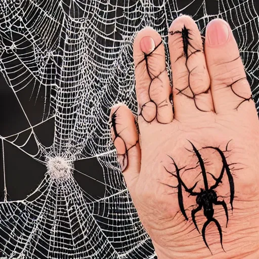 Prompt: Photo of a witch\'s wrinkled hand with long fingernails holding an ancient grimoire with a scary logo covered in spiderweb in a cursed forest