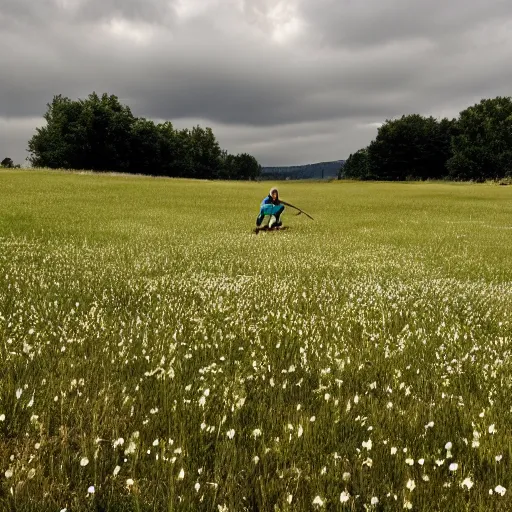 Prompt: clean meadow with only one person