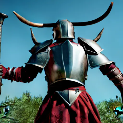 Image similar to a minotaur wearing plate armor and holding a mace, high resolution film still, 4k, HDR lighting, film by Thor Freudenthal and Chris Columbus