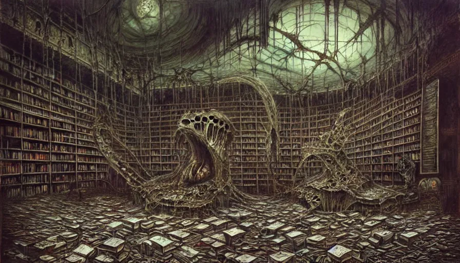 Prompt: a monser stands in the middle of the destroyed library, rotting, blood, night, death, fear, horror, religion, hyperrealism, detailed and intricate environment, art by greg broadmore, esao andrews, beksinski, giger