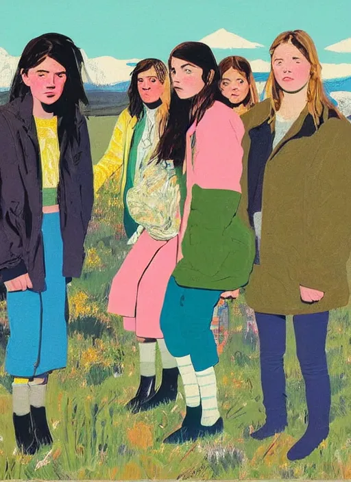 Prompt: composition by justine kurland, a portrait of a group of girls dressed in colorful jackets in a scenic representation of mother nature and the meaning of life by billy childish, thick visible brush strokes, shadowy landscape painting in the background by beal gifford, vintage postcard illustration, minimalist cover art by mitchell hooks