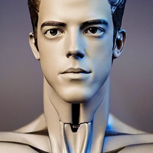 Image similar to “a realistic detailed photo of a guy who is an attractive humanoid who is half robot and half humanoid, who is a male android, actor Grant Gustin, shiny skin, posing like a statue, blank stare, at the museum, on display”