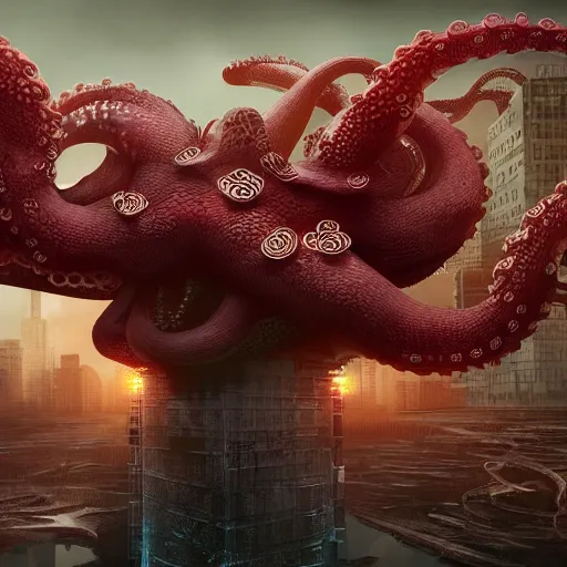 Image similar to Illustration of the Chinese communist party as a dirty octopus with lots of tentacles, dystopian, dirty, 3d shaded, cyberpunk, volumetric lighting, cgsociety, imax, highly detailed