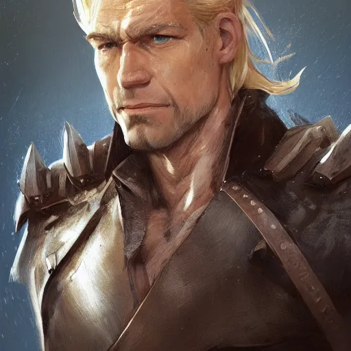 Image similar to portrait of a muscular, grim, ponytail haired blonde man in his late 30's with only one arm armored, wearing a thick brown leather coat, looking to his side, hunter, DnD character, fantasy character, digital art by Ruan Jia, Krenz Cushart, Rossdraws