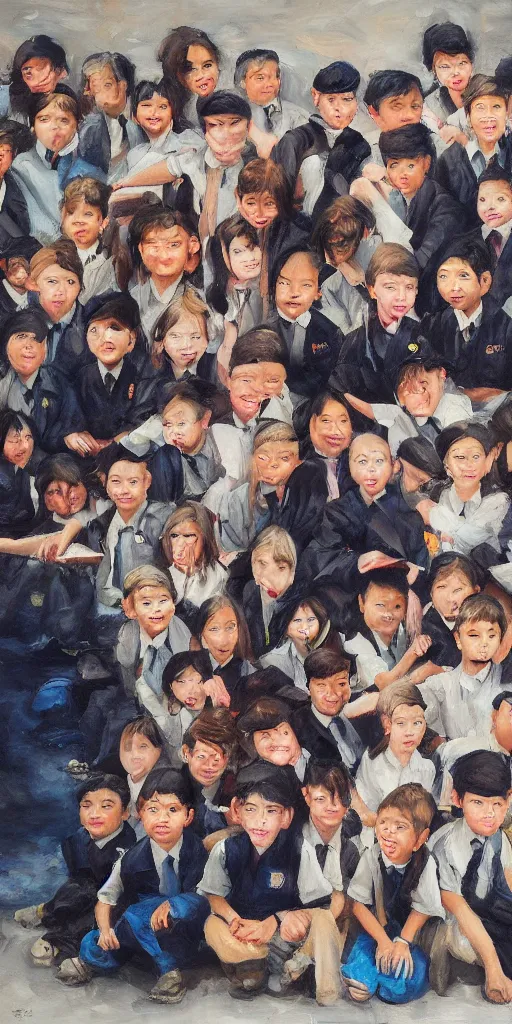 Image similar to oil painting scene photographer takes group school photo by kim jung gi