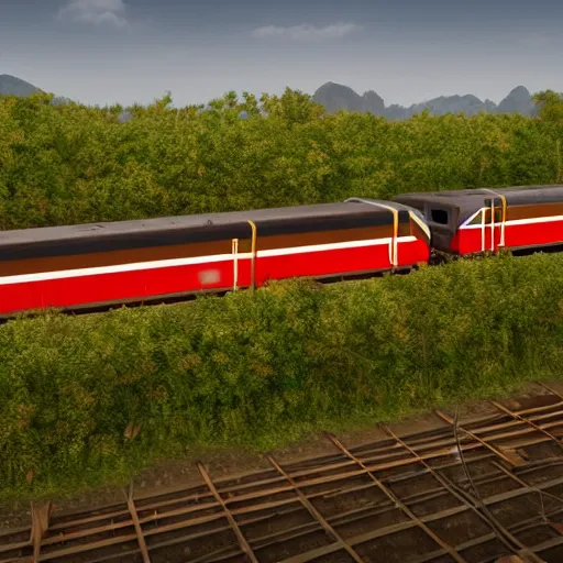 Image similar to drone shot of an indian train, highly detailed, photorealistic portrait, bright studio setting, studio lighting, crisp quality and light reflections, unreal engine 5 quality render