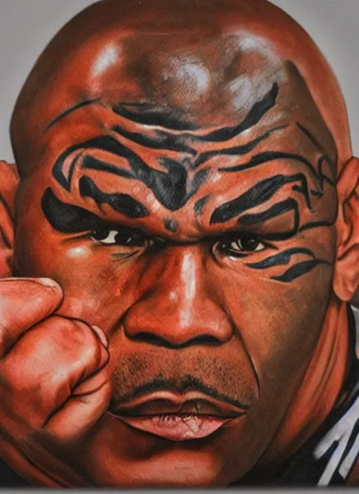 Image similar to a photorealistic portrait of mike tyson made of raw chicken