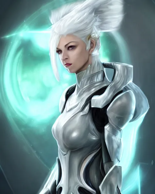 Image similar to perfect white haired attractive egyptian gof, warframe armor, beautiful, symmetric, dreamy, half asian, pretty face, green eyes, charlize theron, detailed, scifi platform, laboratory, experiment, 4 k, ultra realistic, epic lighting, android body, illuminated, cinematic, masterpiece, art by akihito tsukushi, voidstar