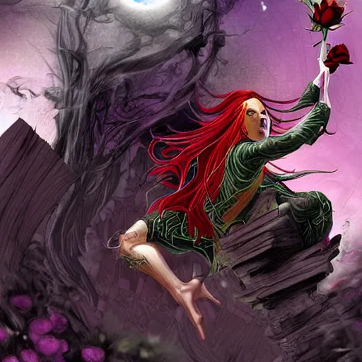 Image similar to The celestial warlock (a beautiful half elf with long red hair) clumsily knocks a single red rose from the top of a funerary urn, releasing an angry wraith from inside. The urn is on the floor, the rose is falling. Dramatic digital art illustration in comic book style by Simon Bisley