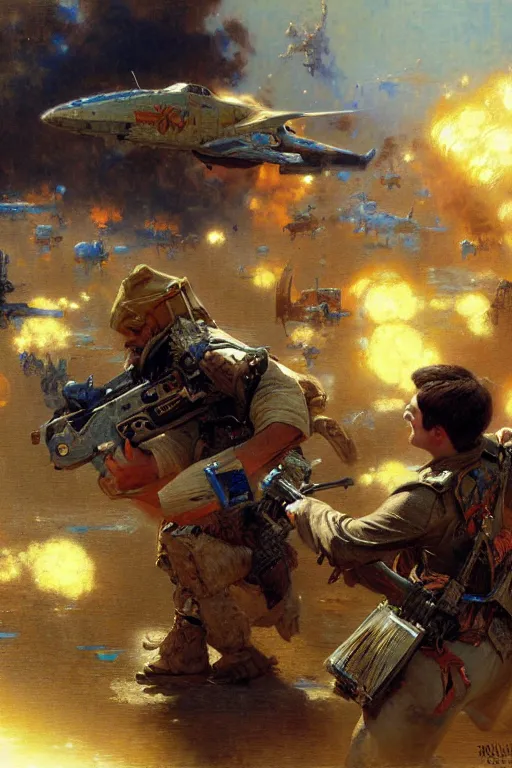 Prompt: war between drake and josh, painting by gaston bussiere, craig mullins