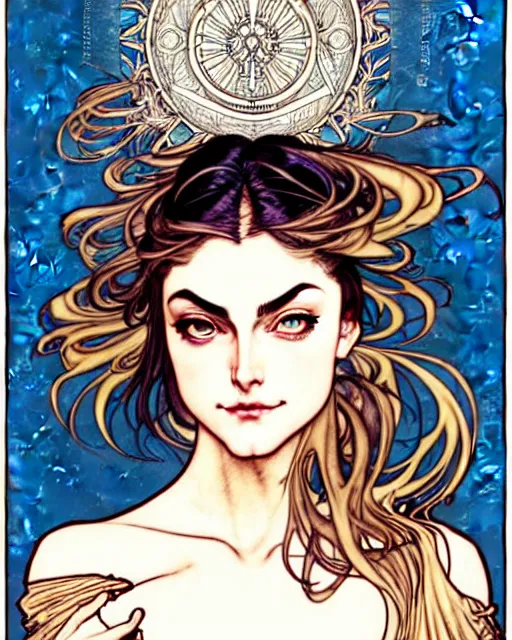 Image similar to in the style of artgerm, arthur rackham, alphonse mucha, phoebe tonkin, symmetrical eyes, symmetrical face, flowing blue skirt, full entire body, hair blowing, intricate filagree, hidden hands, warm colors, cool offset colors