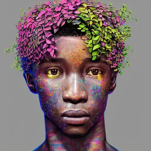 Prompt: colourful vfx art - portrait of nigerian boy wrapped in flowers & vines, art by zdzisaw beksinski & james jean, volumetric light, ray tracing, sharp, detailed, digital painting, illustration, highly detailed, intricate detail, unreal engine, octane render, global light, pinterest, behance, art station,