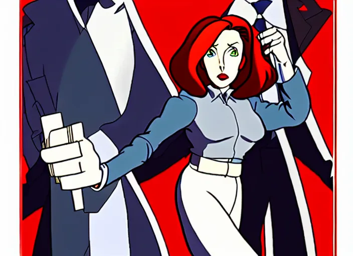 Image similar to dana scully on netflix castlevania, animation cel, anime, sharp detail, animation cel, thin linework, in the style of don bluth, bruce timm, stephen silver, studio trigger