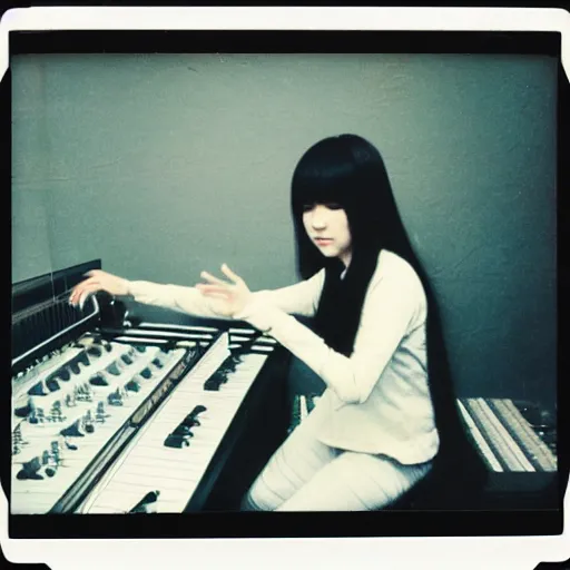 Image similar to 1 9 7 0 s polaroid of a female japanese musician playing a vintage synthesizer, hazy, faded