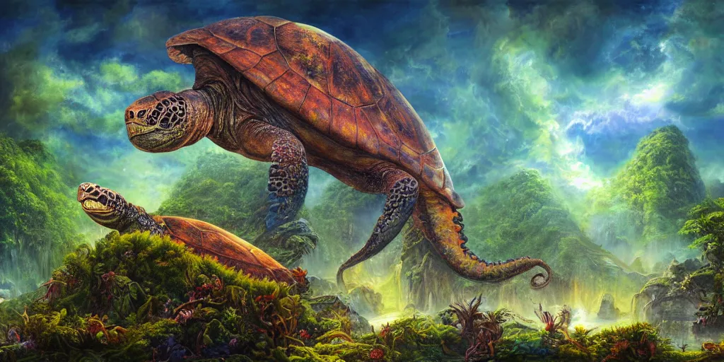 Image similar to fantasy oil painting, great leviathan, turtle cephalopod terrapin reptilian pachyderm amphibian hybrid, rainforest mountains, lush plants flowers, epic natural light, bright clouds, luminous sky, spacecraft, outer worlds, bright cinematic key lighting, michael cheval, michael whelan, vray, 8 k hd