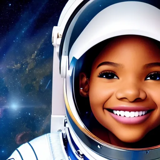 Prompt: halle bailey as an astronaut, high res imax 7 0 mm film grainy photo uhd