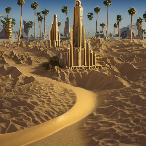 Image similar to cover concept art of the lost sand city, levitating sand, golden towers, golden pillars, palm trees, space and time, floating objects, post-processing, in the style of Hugh Ferriss, Behance, Artgerm. High detail, ultra realistic render, octane, 3D, photorealism, symmetric, cinematic