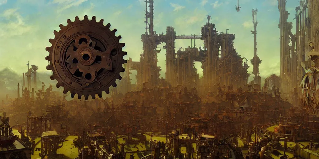 Prompt: giant gears cogs floating in the sky, clockwork, giant mechanisms, industry, villages castles, buildings vista artstation illustration sharp focus sunlit vista painted by ruan jia raymond swanland lawrence alma tadema zdzislaw beksinski norman rockwell tom lovell alex malveda greg staples