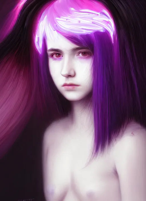 Image similar to portrait of teenage girl with white bangs, red irises, bangs, black and white hair, purple clothes, white bangs, two color hair, black hair and white bangs, intricate, elegant, glowing lights, highly detailed, digital painting, artstation, concept art, smooth, sharp focus, illustration, art by wlop, mars ravelo and greg rutkowski