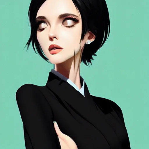 Prompt: slim girl in tuxedo with short black hair, elegant, 2d, ultra highly detailed, digital painting, smooth, sharp focus, artstation, portrait art by Ilya Kuvshinov