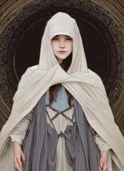 Prompt: a portrait of a 16 year old girl with pale skin and short dark hair wearing a cloak made of strips of grey fabric, By Artgerm and Greg Rutkowski and Alphonse Mucha