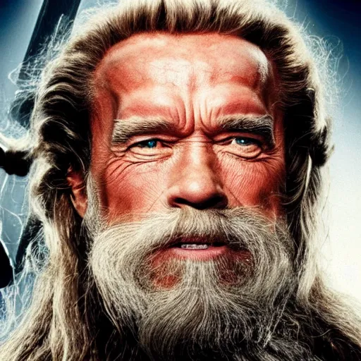 Prompt: Arnold Schwarzenegger as Gandalf, cinematic film still