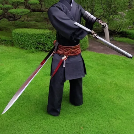 Image similar to handless horsman with katana slicing a head, japanese style, traditional, leather