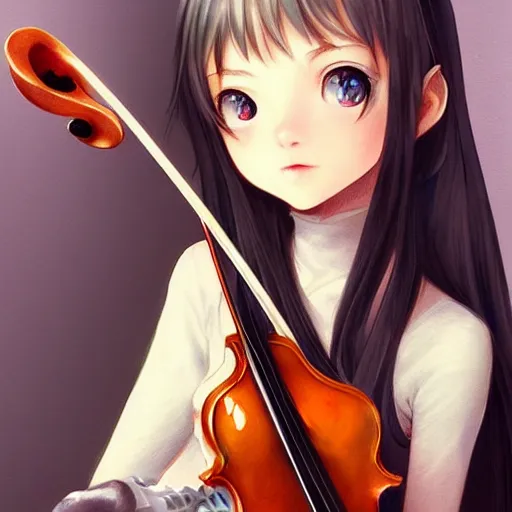 Image similar to Adorable girl, Luminescent eyes, playing the violin, highly detailed, by Range Murata, artgerm, digital illustration, beautiful, concept art, best of Artstation