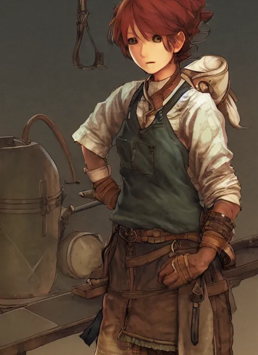 Image similar to character portrait of a blacksmith tomboy, hidari, color page, tankoban, 4K, tone mapping, Akihiko Yoshida.