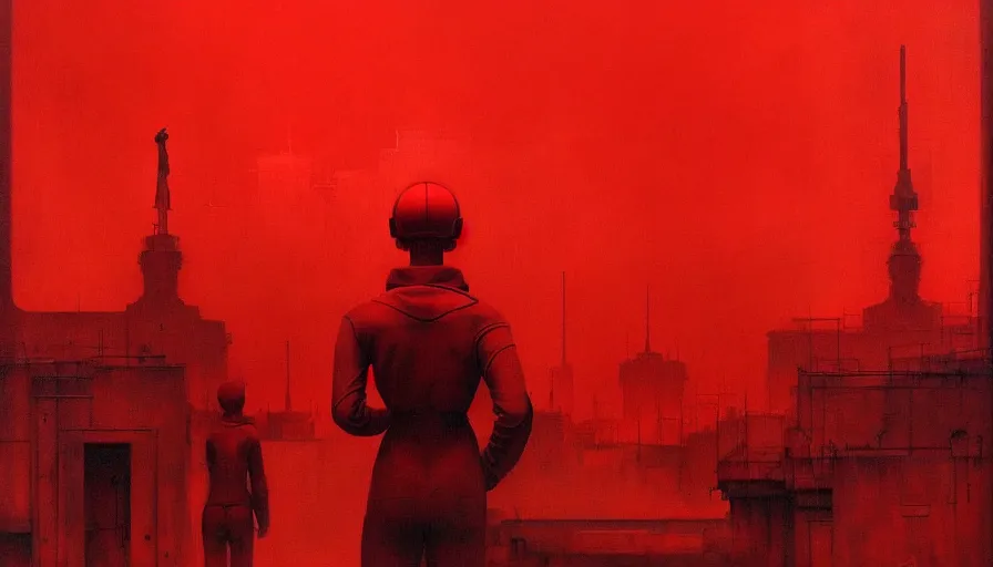 Image similar to only with red, soviet communism city atmosphere with soviet flag, in the style of beksinski and rodcenko and yue minjun and cory loftis, intricate and epic composition, red by caravaggio, highly detailed, masterpiece, red light, artstation, art nouveau