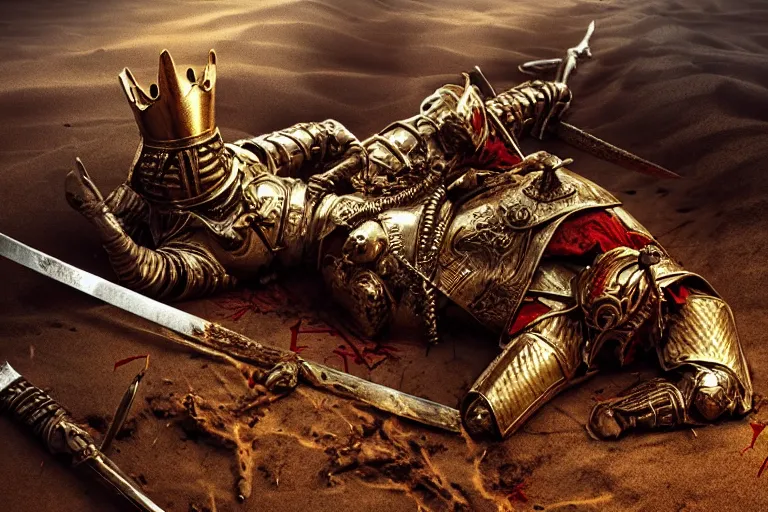 Prompt: the king in the desert dead on the ground, defeated, blood on sand, swords fallen to ground, fighting in a dark scene, gold sword, detailed scene, killed in war, blood spill, Armour and fallen Crown, highly detailed, blood and dust in the air, brutal battle, action scene, cinematic lighting, dramatic lighting, trending on artstation, elegant, intricate, character design, motion and action and tragedy, fantasy, D&D, highly detailed, digital painting, concept art