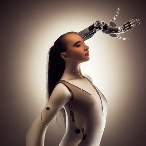 Image similar to beautiful centered fine art photo portrait of romantic beautiful girl as a solarpunk robotic humanoid, real face, dark mechanical parts with led lights, ballet style pose, photorealistic, white background, highly detailed and intricate, soft box lighting, hdr 8 k