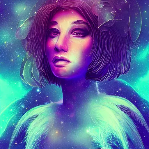 Prompt: portrait from a lamb, feathers, bird, avian, wings, synthwave, universe background, nebula, galaxy, artstation