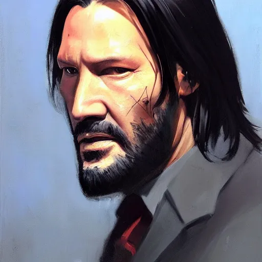 Image similar to greg manchess portrait painting of john wick as overwatch character, medium shot, asymmetrical, profile picture, organic painting, sunny day, matte painting, bold shapes, hard edges, street art, trending on artstation, by huang guangjian, gil elvgren, ruan jia, greg rutkowski, gaston bussiere