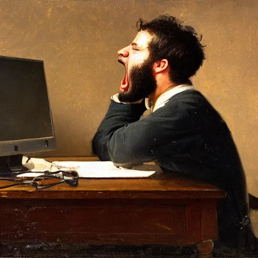 Image similar to an angry man yells at his computer monitor, oil on canvas, 1 8 8 3, highly detailed, high resolution