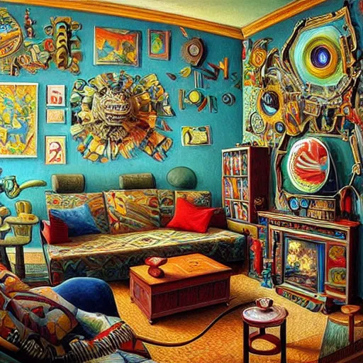 Prompt: a painting of a living room, a surrealist painting by jacek yerka, cgsociety, fantastic realism, maximalist, surrealist, detailed painting