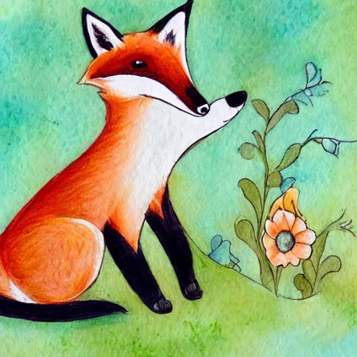 Prompt: fox teaparty, watercolor and colored pencil