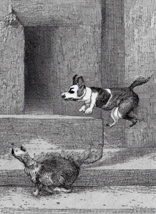 Image similar to jack russel terrier jumping on brick structure, illustrated by peggy fortnum and beatrix potter and sir john tenniel