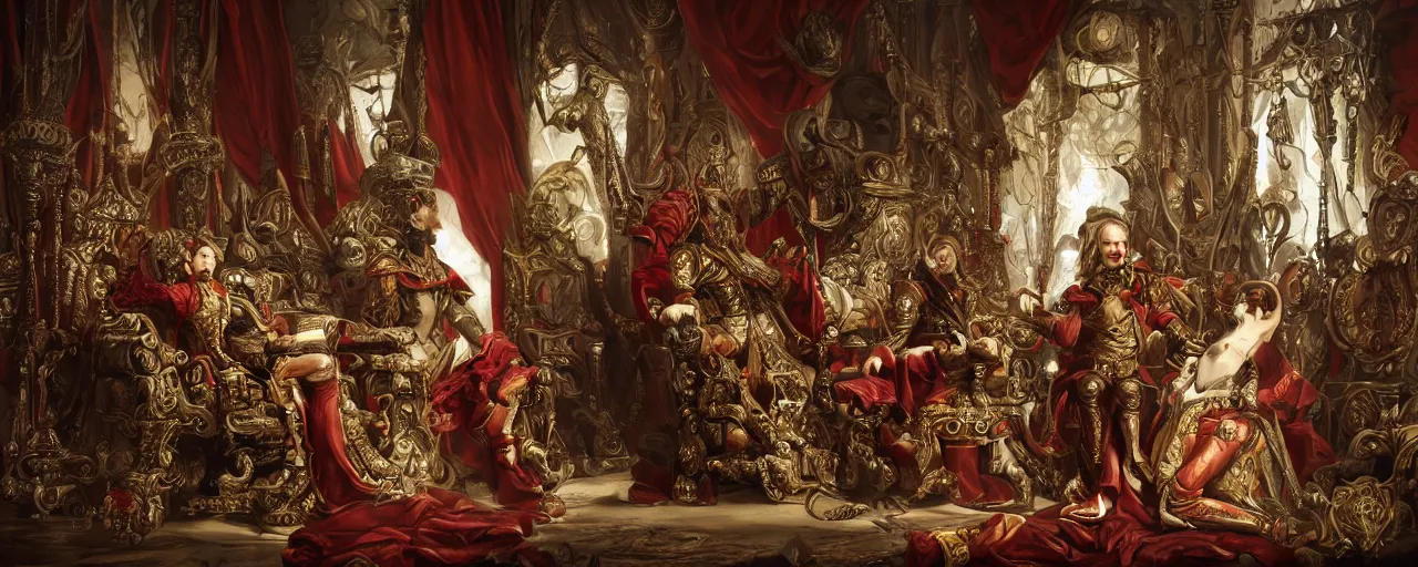 Image similar to epic, wideangle, low angle, digital painting, of a 1 7 th century, decadent, cyborg king holding court in his throne room, dark hair, piercings, amber jewels, baroque, ornate dark red opulent clothing, scifi, futuristic, realistic, hyperdetailed, concept art, art by bilal, masterpiece