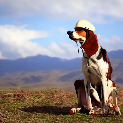 Image similar to a foxhound dog that is realistic wearing different hats and posing in front of a scenic background