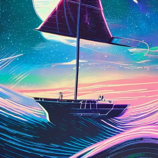 Prompt: beautiful painting of a cosmic yatch sailing through space by Dan Mumford, trending on Artstation