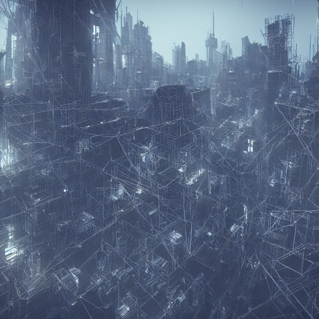 Prompt: wireframe geometry, landscape of cyberpunk city, extremely detailed, epic, 3D render, digital art, artstation, 8K artistic photography, photo-realistic