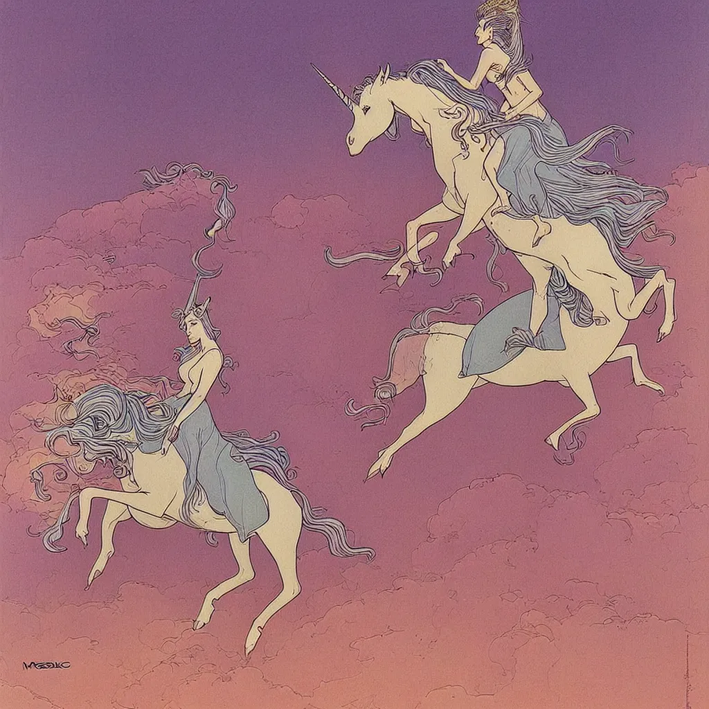 Image similar to woman riding a unicorn by moebius