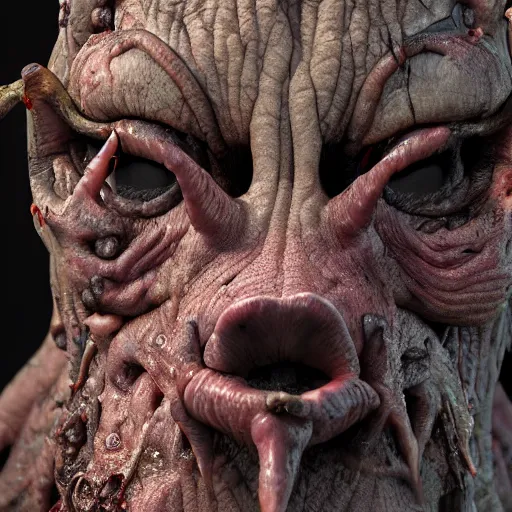 Prompt: hideous, grotesque, ominous, creepy, mangled, decaying, undead, slimy, wet, mucous covered, evil, satanic, tribal, pagan, blind sorcerer, pig faced, boar - man. 8 k resolution concept art, photorealistic, hyperdetailed, hyperrealism, weta workshop. octane render.