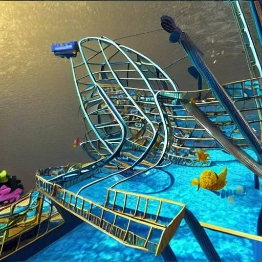 Image similar to underwater roller coaster, photorealistic, detailed