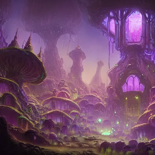 Image similar to concept art detailed painting of a dark purple fantasy fairytale fungal town made of mushrooms, with glowing blue lights, in the style of jordan grimmer and neil blevins and wayne barlowe