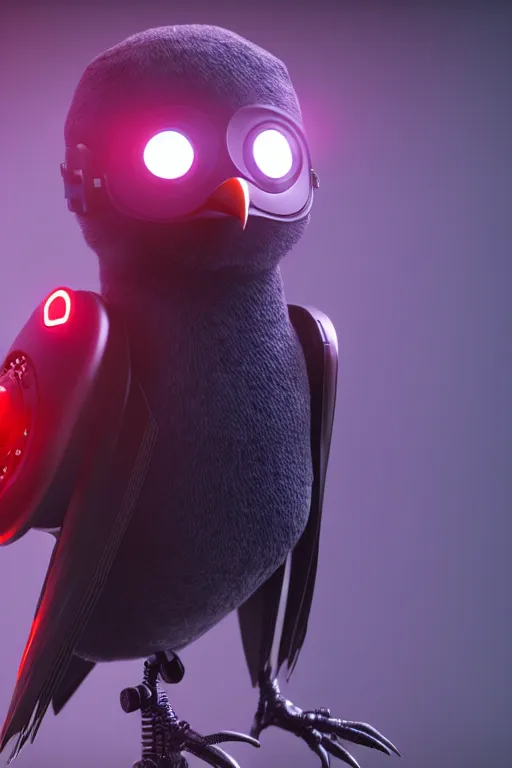 Image similar to high quality 3 d render very cute cyborg crow! sings into big microphone!, cyberpunk highly detailed, unreal engine cinematic smooth, in the style of blade runner & detective pikachu, hannah yata charlie immer, moody light, low angle, uhd 8 k, sharp focus